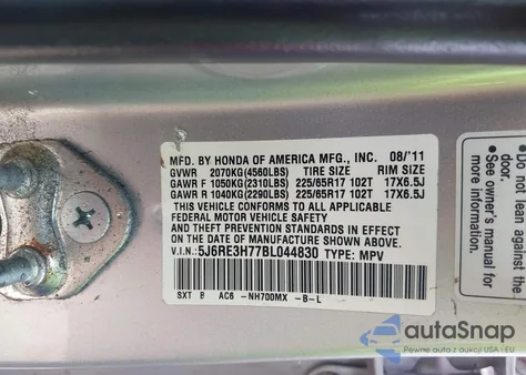 2011 Honda Cr-V Ex-L из США, поврежденный, VIN 5J6RE3H77BL044830